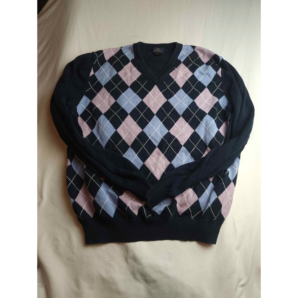 Brooks Brothers 346 Mens XL Argyle V-Neck Sweater Navy Blue Supima Cotton